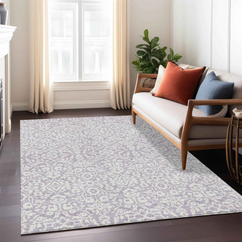 8' X 10' Lavender And Ivory Damask Washable Indoor Outdoor Area Rug