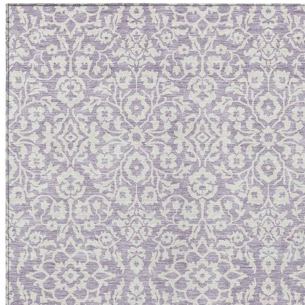 8' X 10' Lavender And Ivory Damask Washable Indoor Outdoor Area Rug