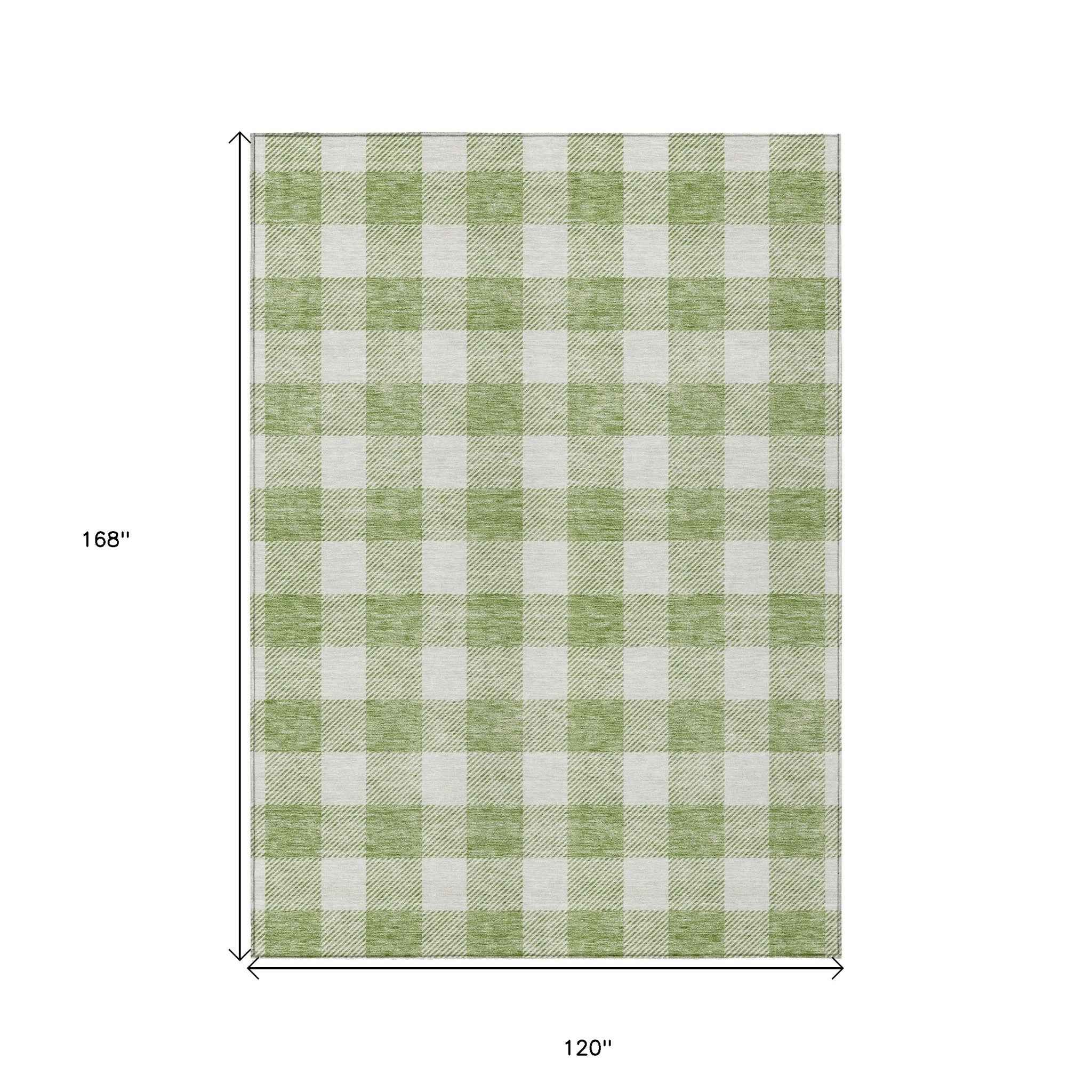 10' X 14' Artichoke Green And Gray Plaid Washable Indoor Outdoor Area Rug