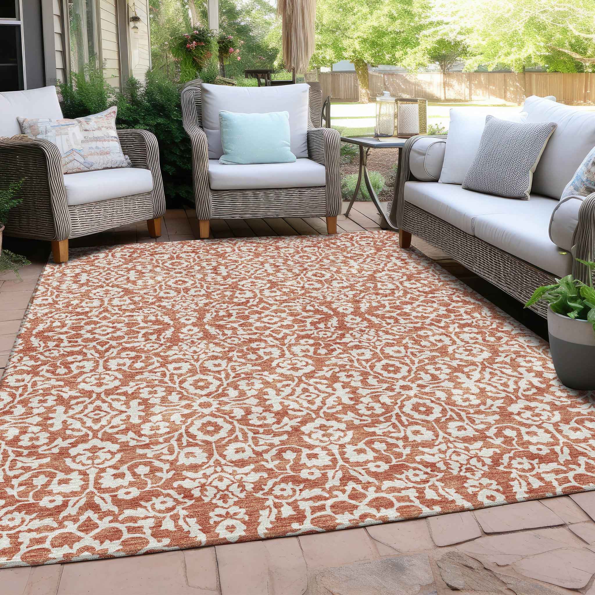 9' X 12' Coral And Ivory Damask Washable Indoor Outdoor Area Rug