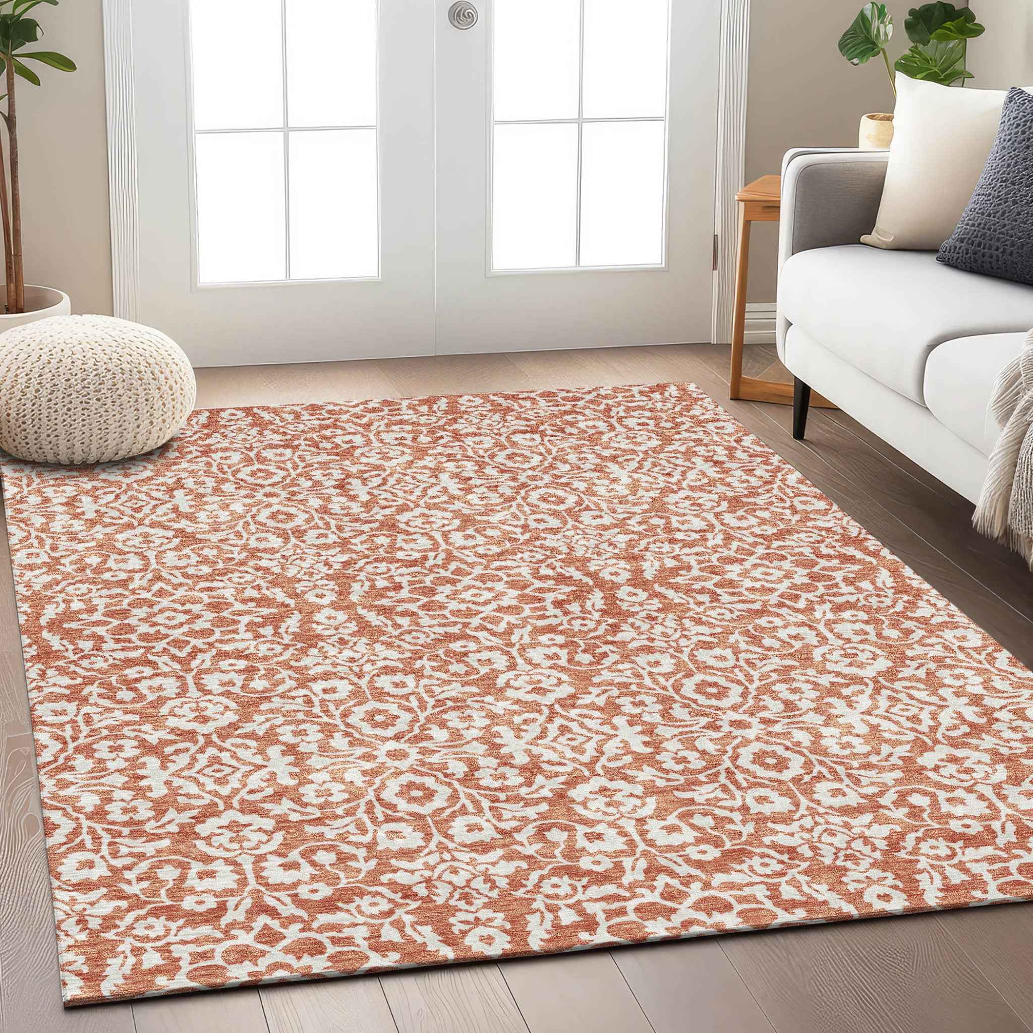 9' X 12' Coral And Ivory Damask Washable Indoor Outdoor Area Rug