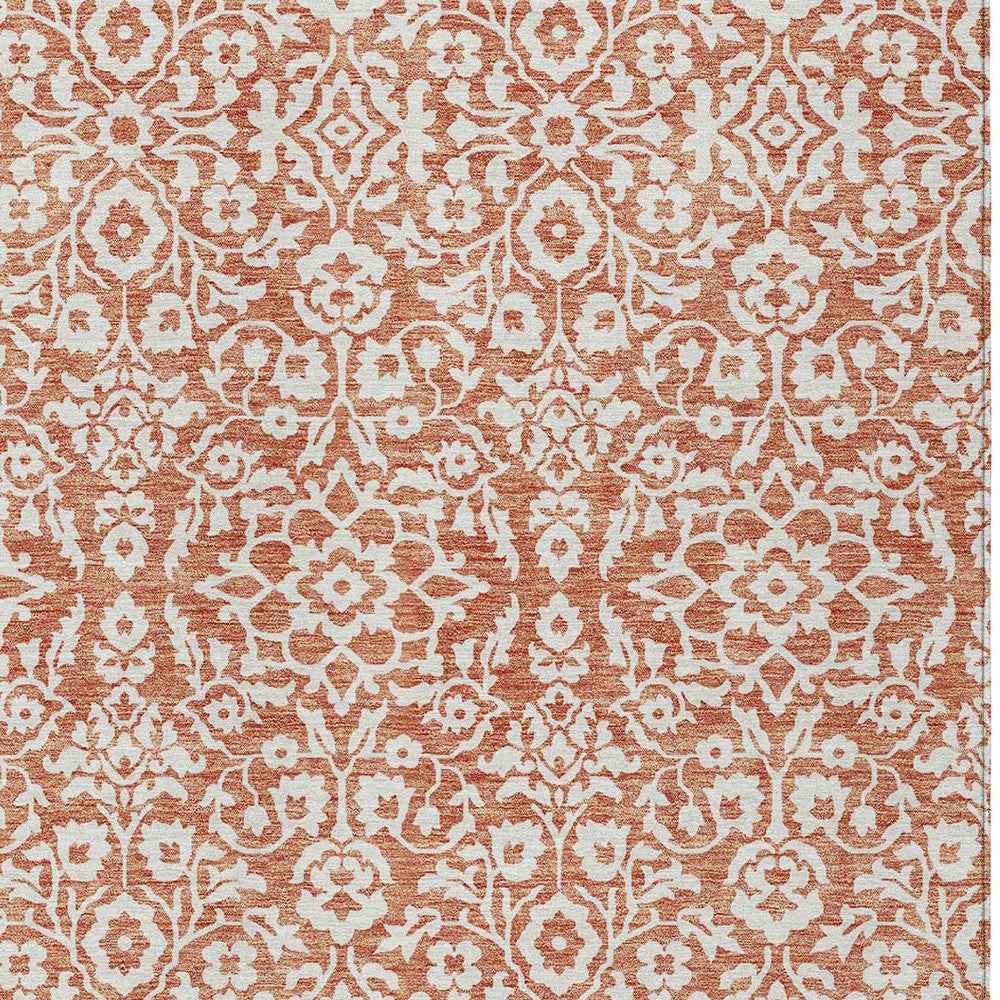 9' X 12' Coral And Ivory Damask Washable Indoor Outdoor Area Rug