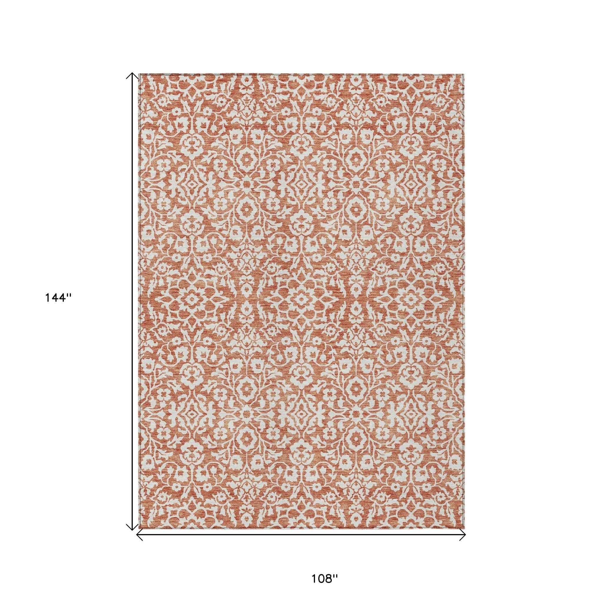 9' X 12' Coral And Ivory Damask Washable Indoor Outdoor Area Rug