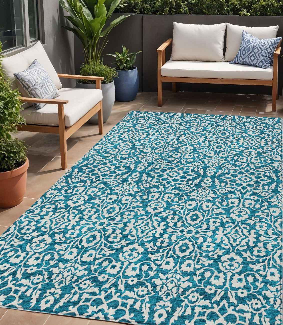 5' X 8' Teal Blue And Ivory Damask Washable Indoor Outdoor Area Rug
