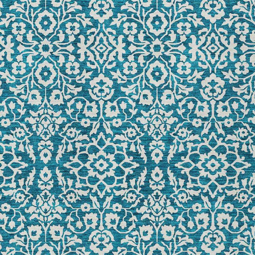 5' X 8' Teal Blue And Ivory Damask Washable Indoor Outdoor Area Rug