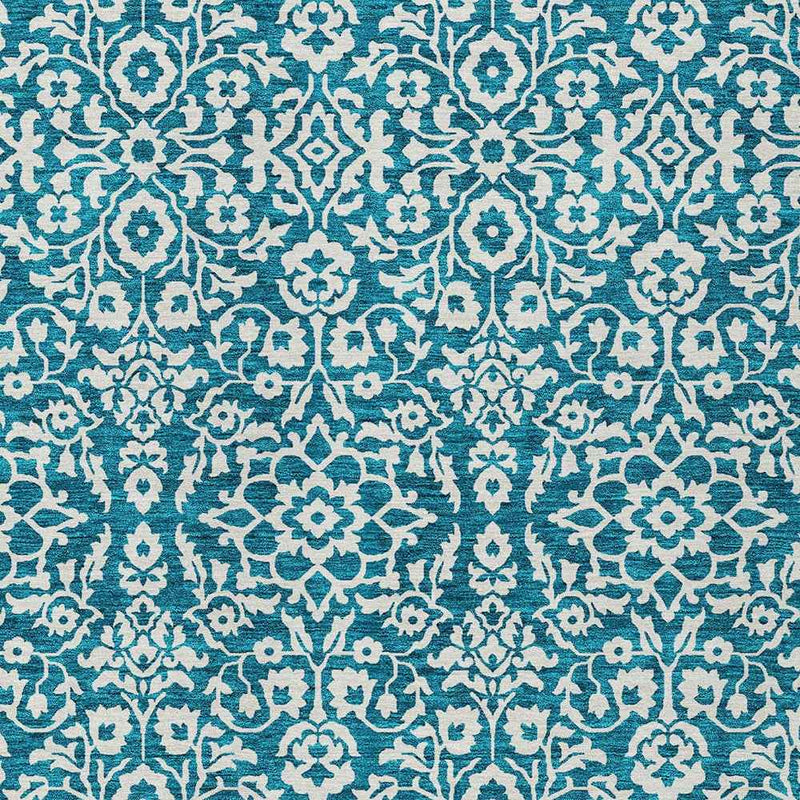 5' X 8' Teal Blue And Ivory Damask Washable Indoor Outdoor Area Rug
