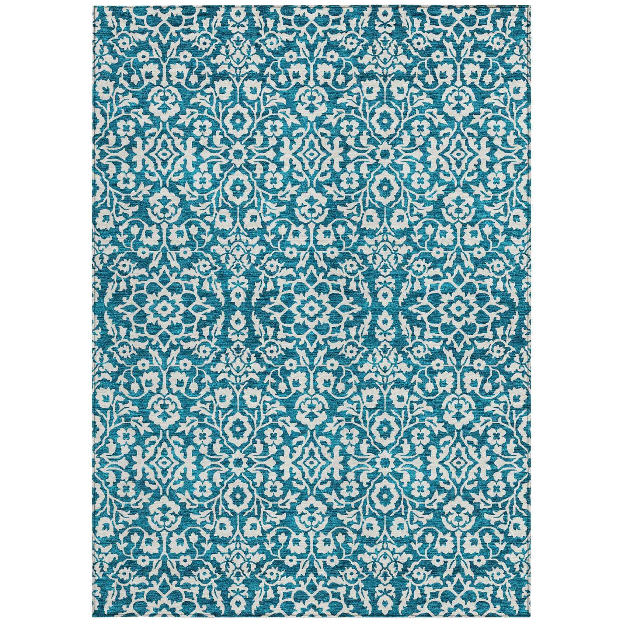 5' X 8' Teal Blue And Ivory Damask Washable Indoor Outdoor Area Rug