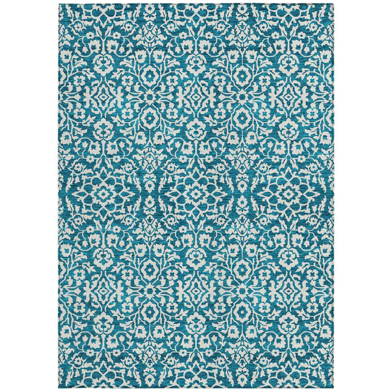 5' X 8' Teal Blue And Ivory Damask Washable Indoor Outdoor Area Rug