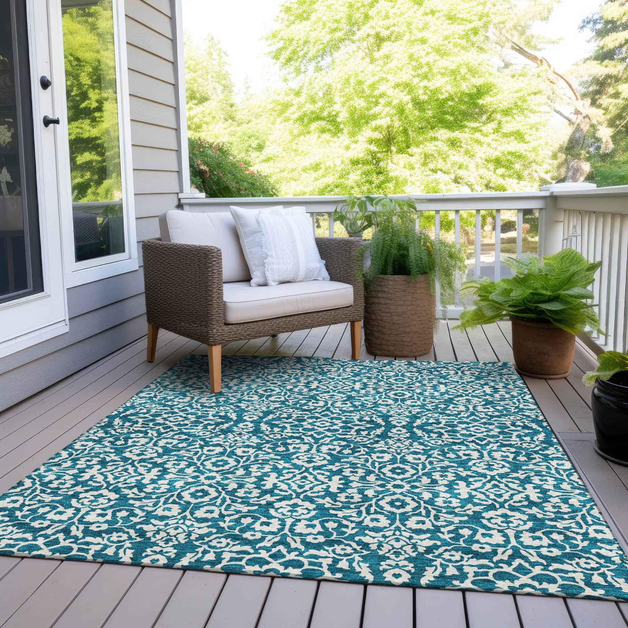 5' X 8' Teal Blue And Ivory Damask Washable Indoor Outdoor Area Rug