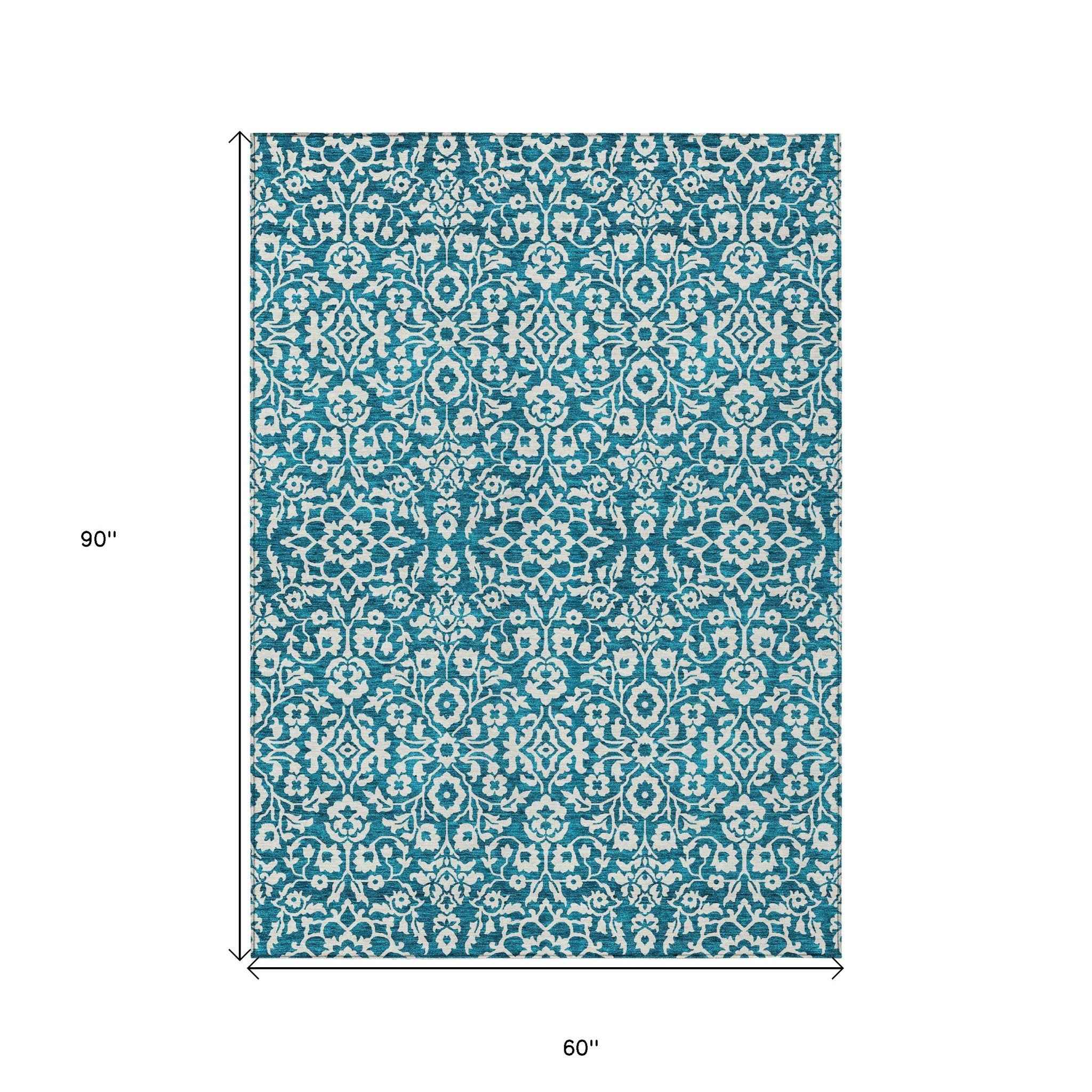 5' X 8' Teal Blue And Ivory Damask Washable Indoor Outdoor Area Rug