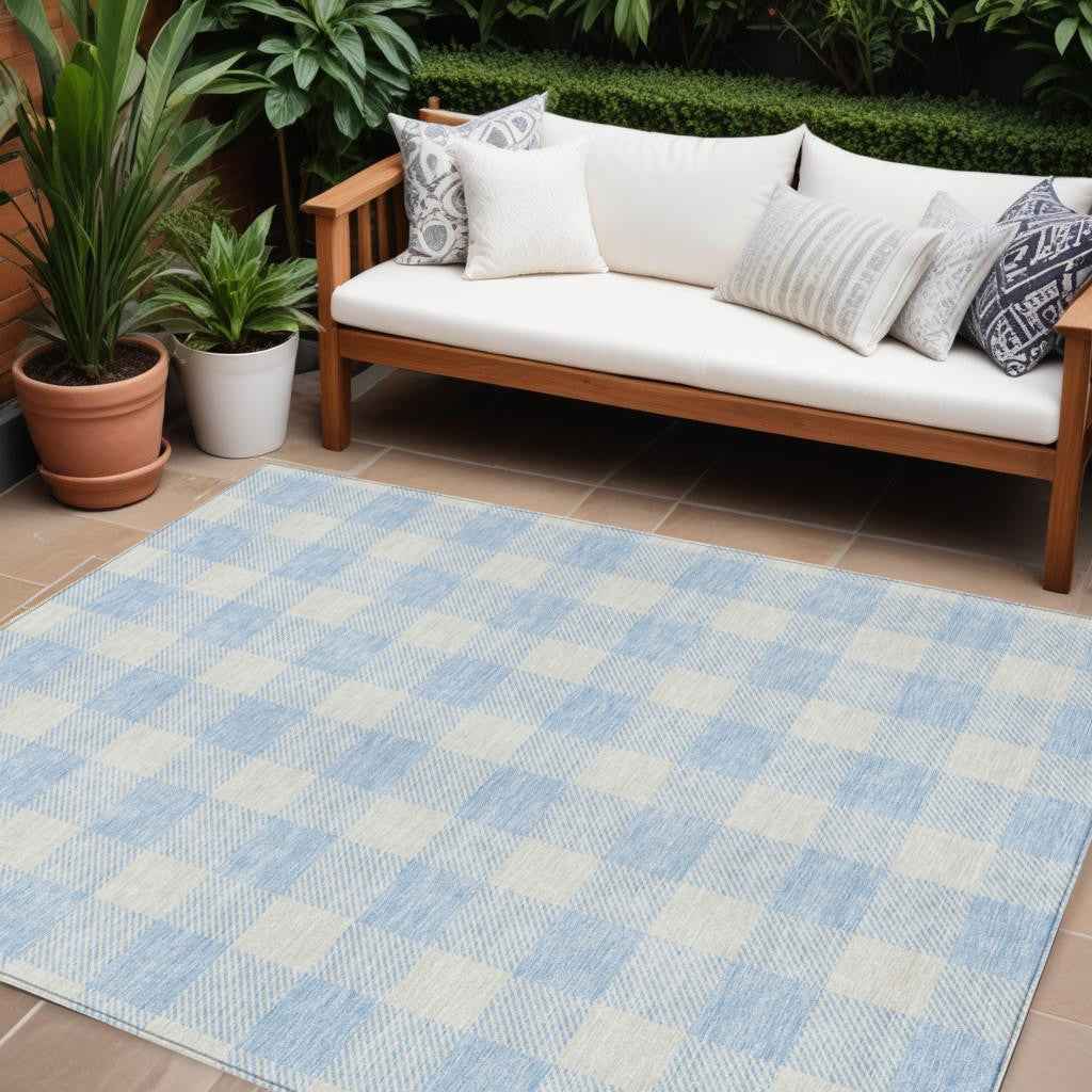 8' X 10' Sky Blue And Gray Plaid Washable Indoor Outdoor Area Rug