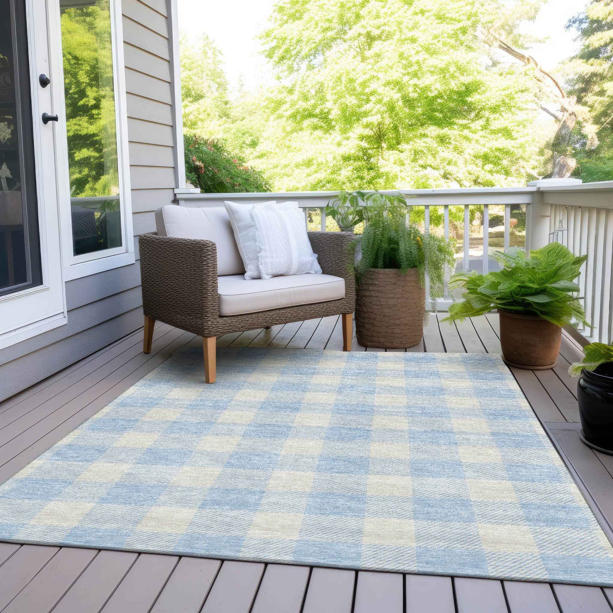 8' X 10' Sky Blue And Gray Plaid Washable Indoor Outdoor Area Rug