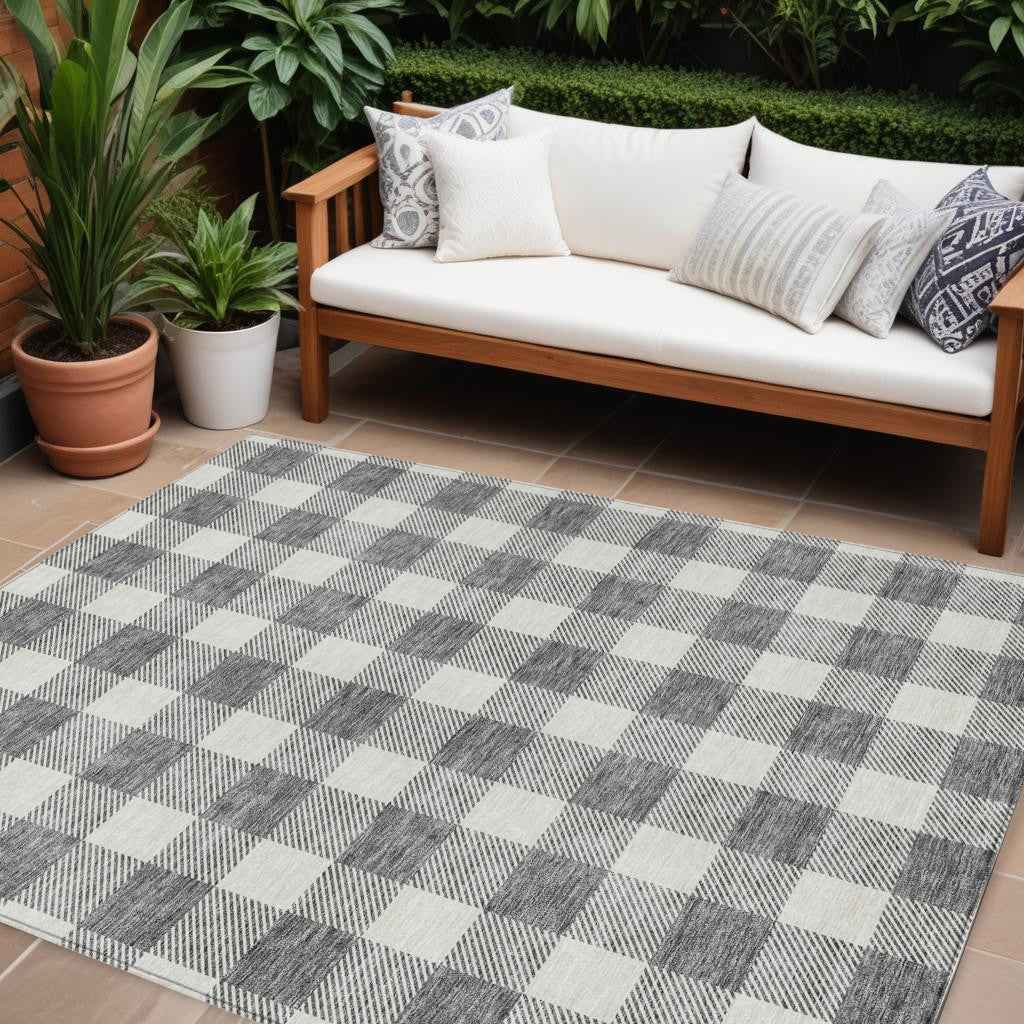 10' X 14' Gray And Charcoal Plaid Washable Indoor Outdoor Area Rug