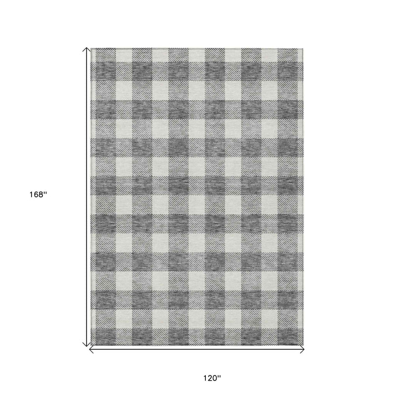 10' X 14' Gray And Charcoal Plaid Washable Indoor Outdoor Area Rug