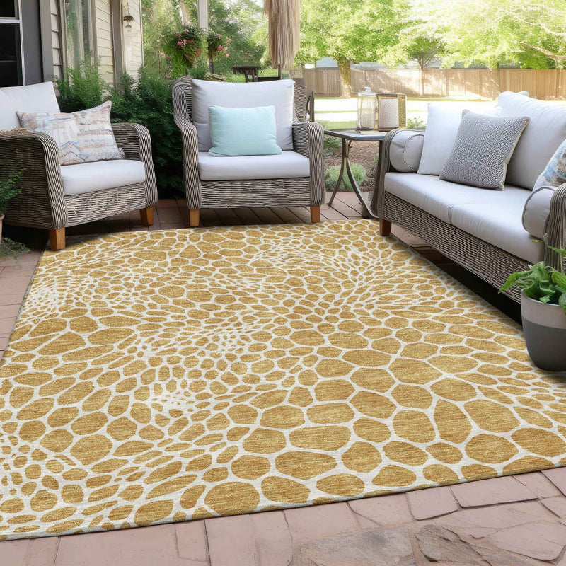 10' X 14' Gold And Ivory Geometric Washable Indoor Outdoor Area Rug