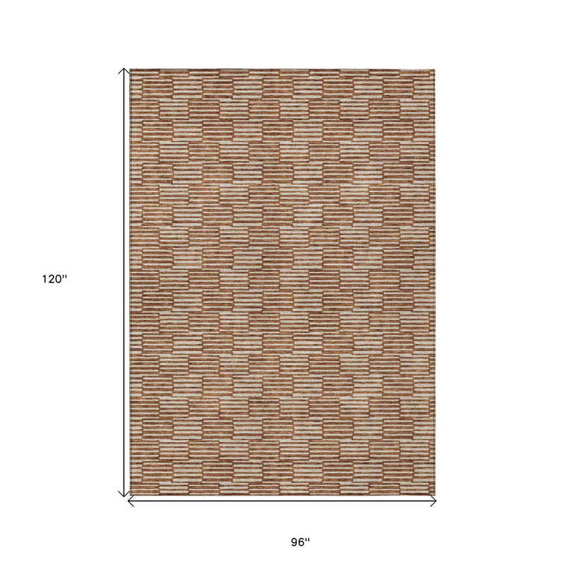 8' X 10' Copper And Beige Geometric Washable Indoor Outdoor Area Rug