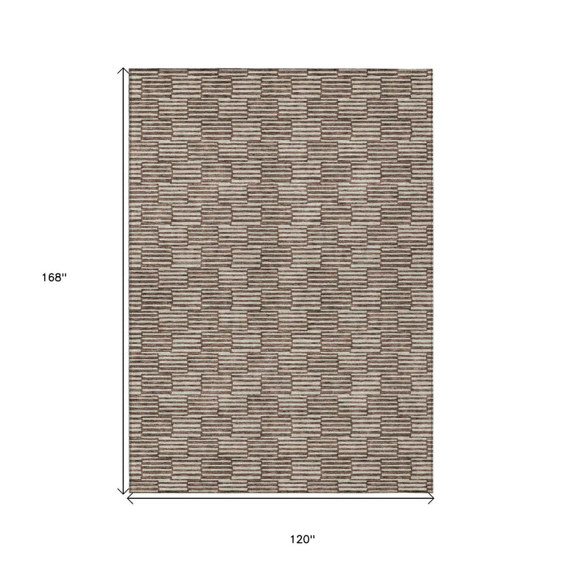 10' X 14' Brown And Beige Geometric Washable Indoor Outdoor Area Rug