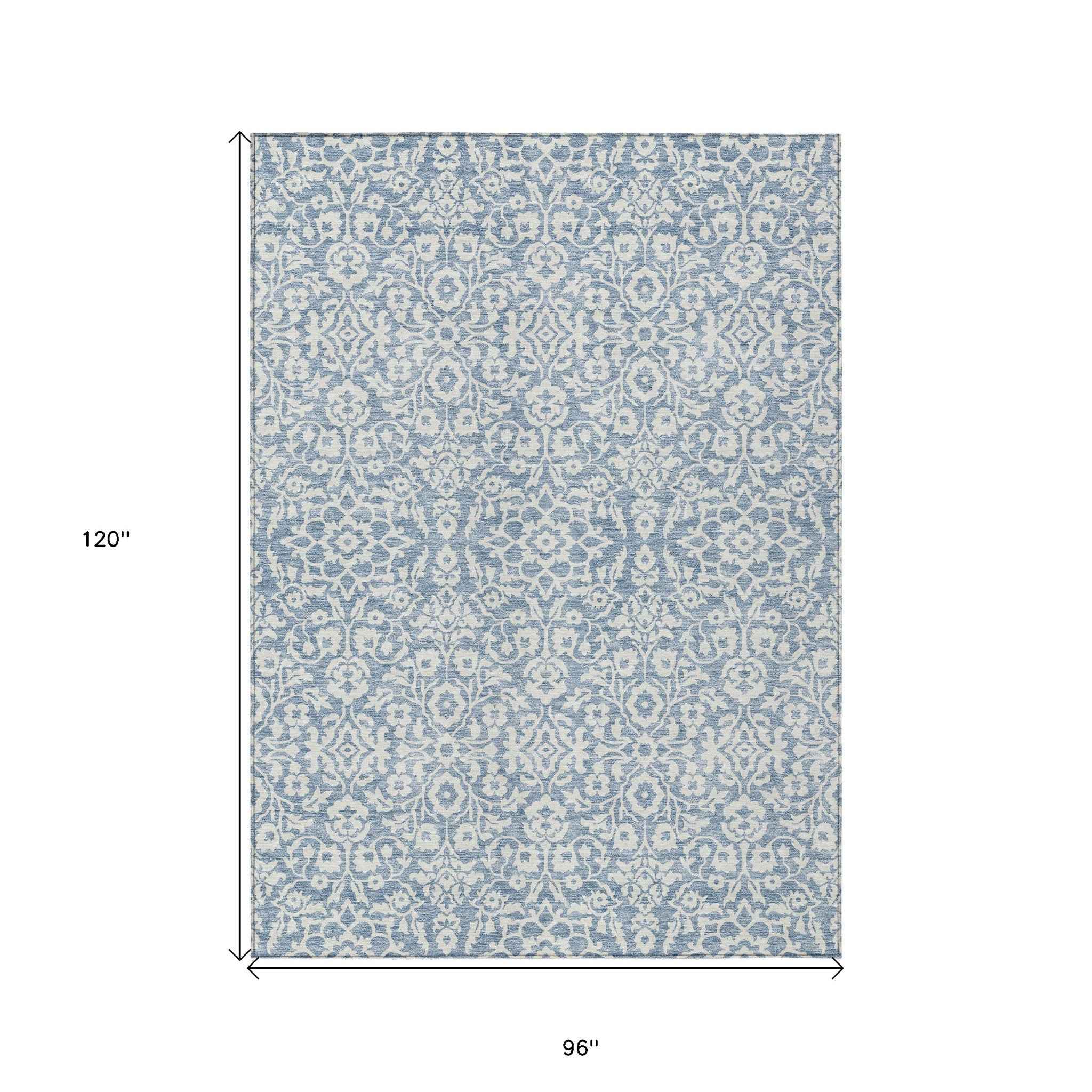 8' X 10' Denim Blue And Ivory Damask Washable Indoor Outdoor Area Rug