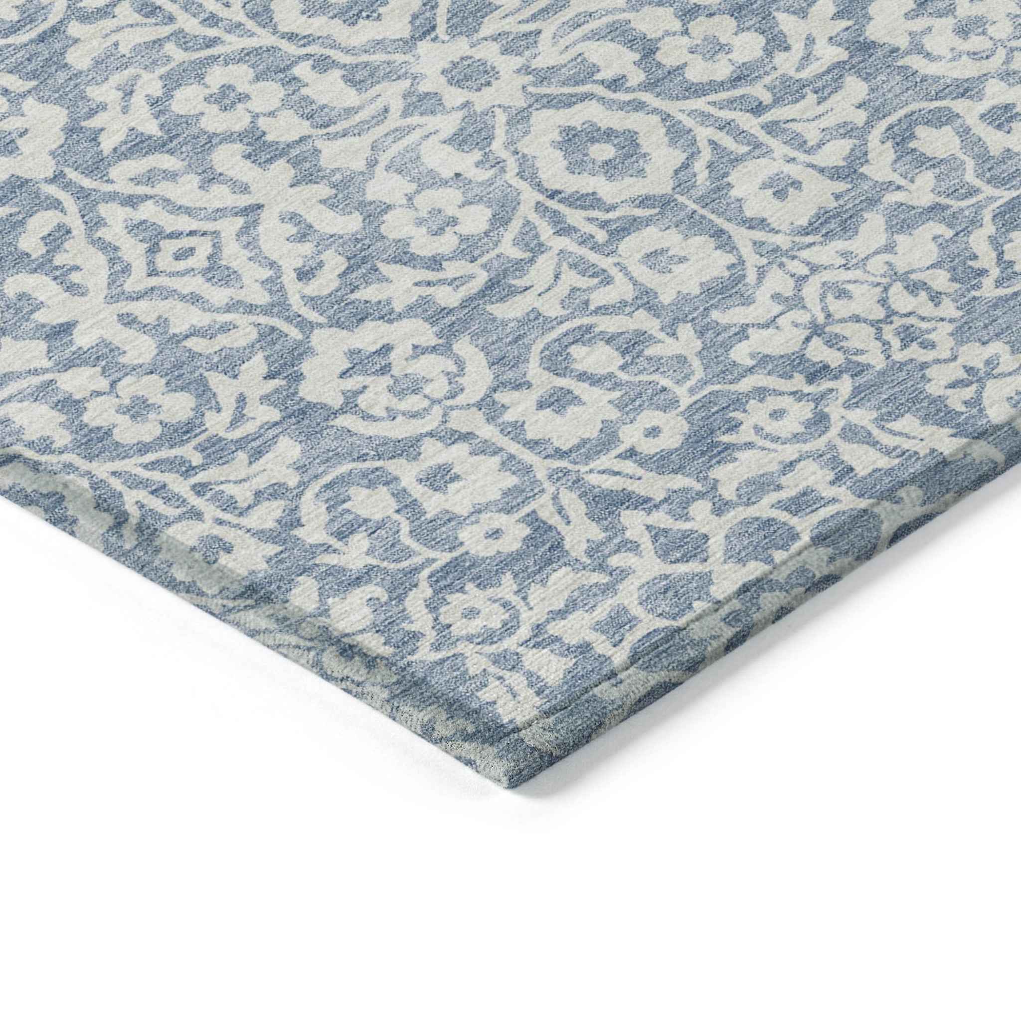 8' X 10' Denim Blue And Ivory Damask Washable Indoor Outdoor Area Rug
