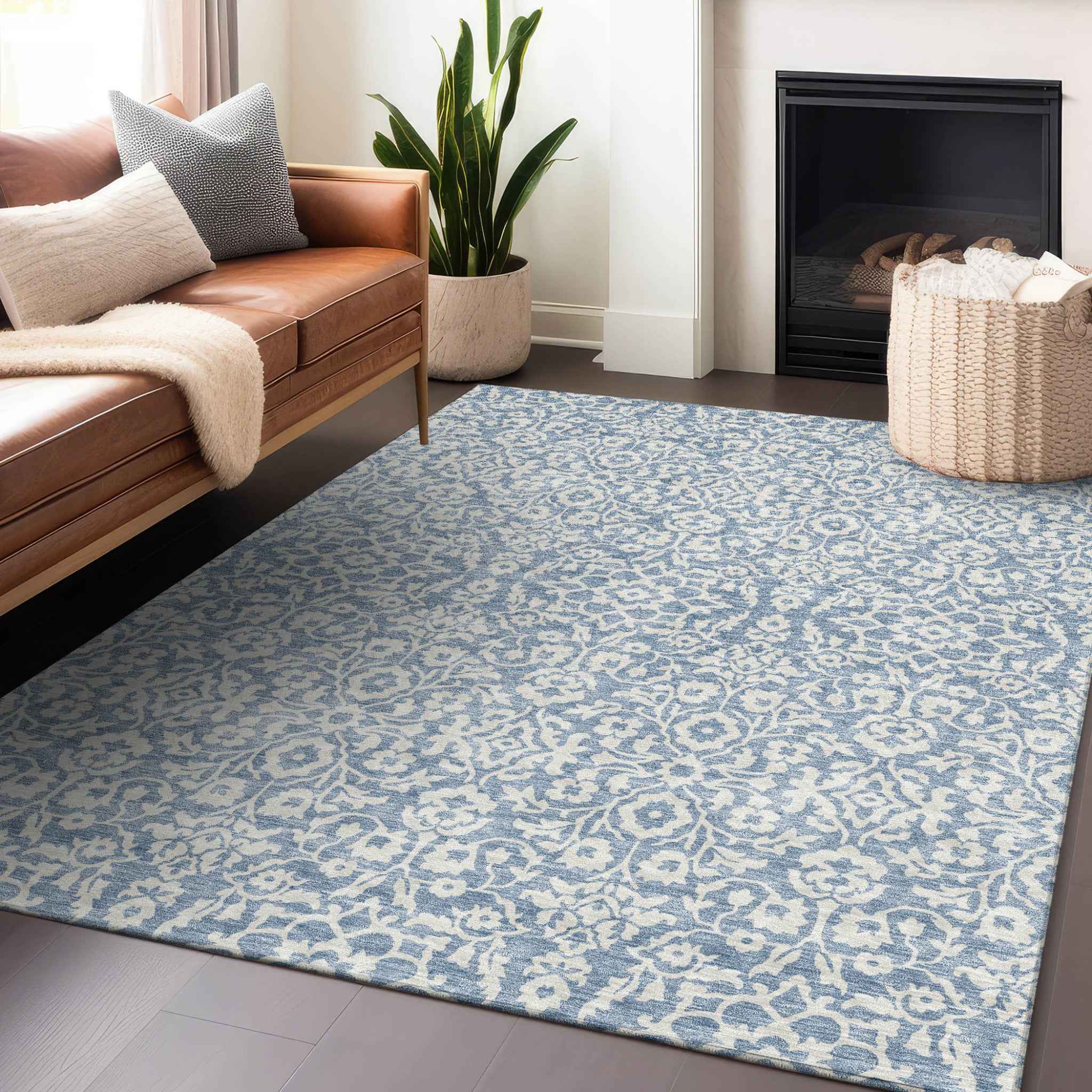 8' X 10' Denim Blue And Ivory Damask Washable Indoor Outdoor Area Rug