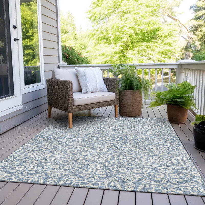 8' X 10' Denim Blue And Ivory Damask Washable Indoor Outdoor Area Rug