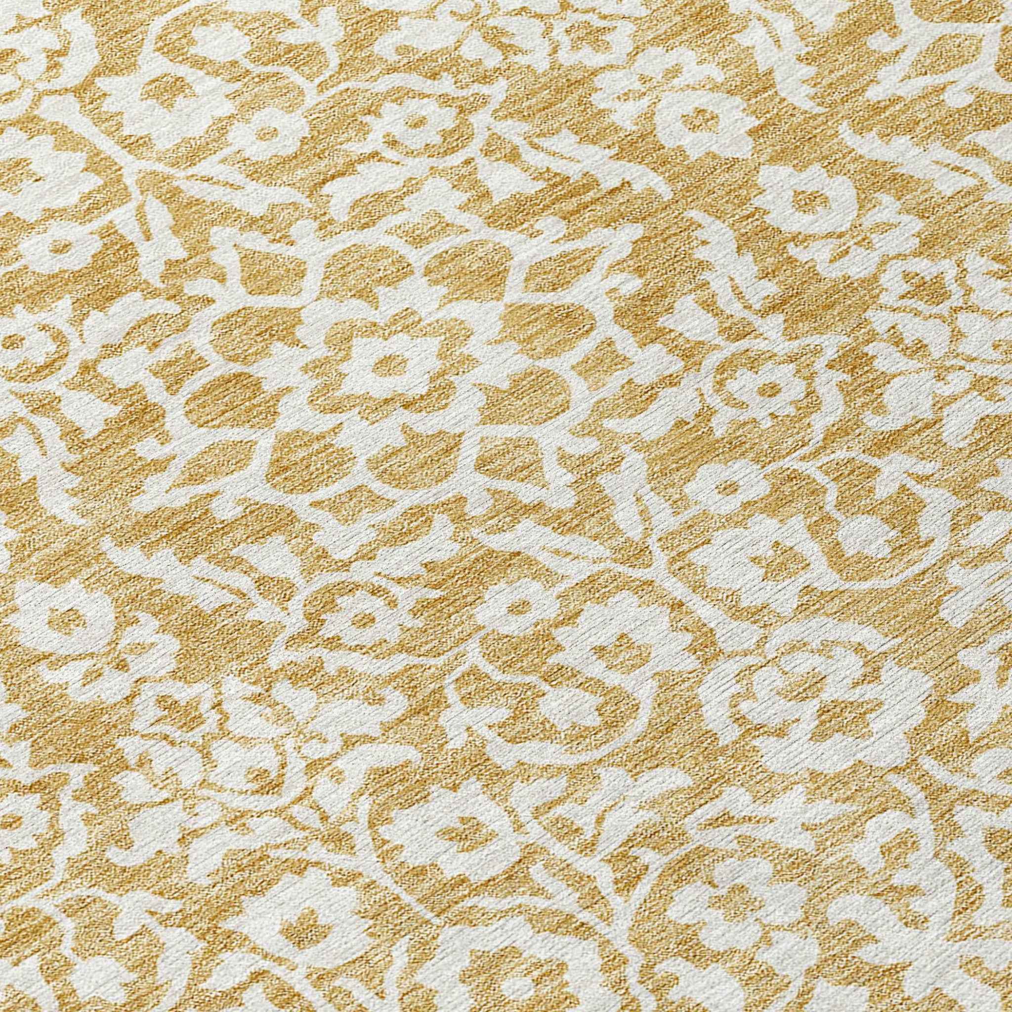 8' Gold And Beige Round Damask Washable Indoor Outdoor Area Rug
