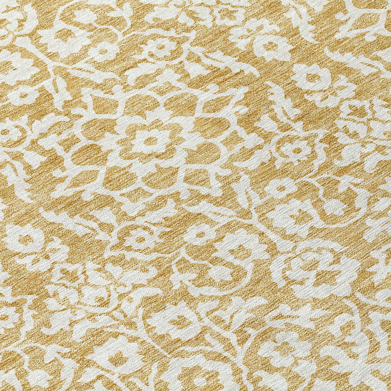 8' Gold And Beige Round Damask Washable Indoor Outdoor Area Rug
