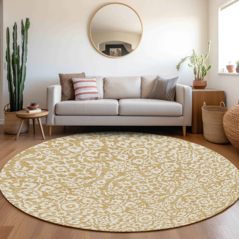 8' Gold And Beige Round Damask Washable Indoor Outdoor Area Rug