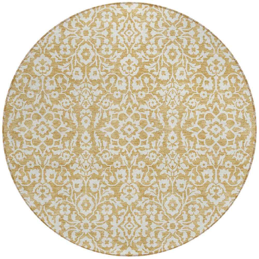 8' Gold And Beige Round Damask Washable Indoor Outdoor Area Rug