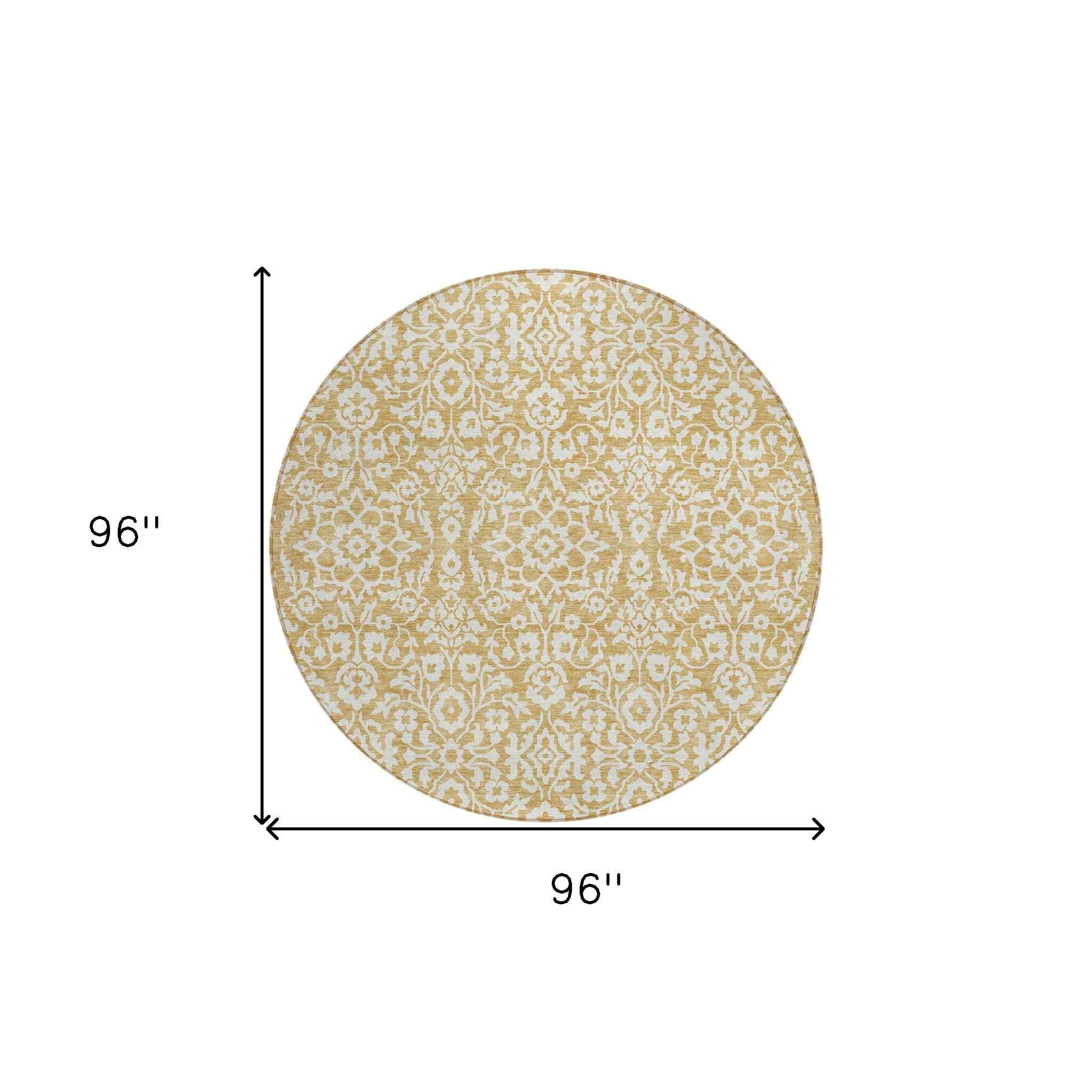 8' Gold And Beige Round Damask Washable Indoor Outdoor Area Rug