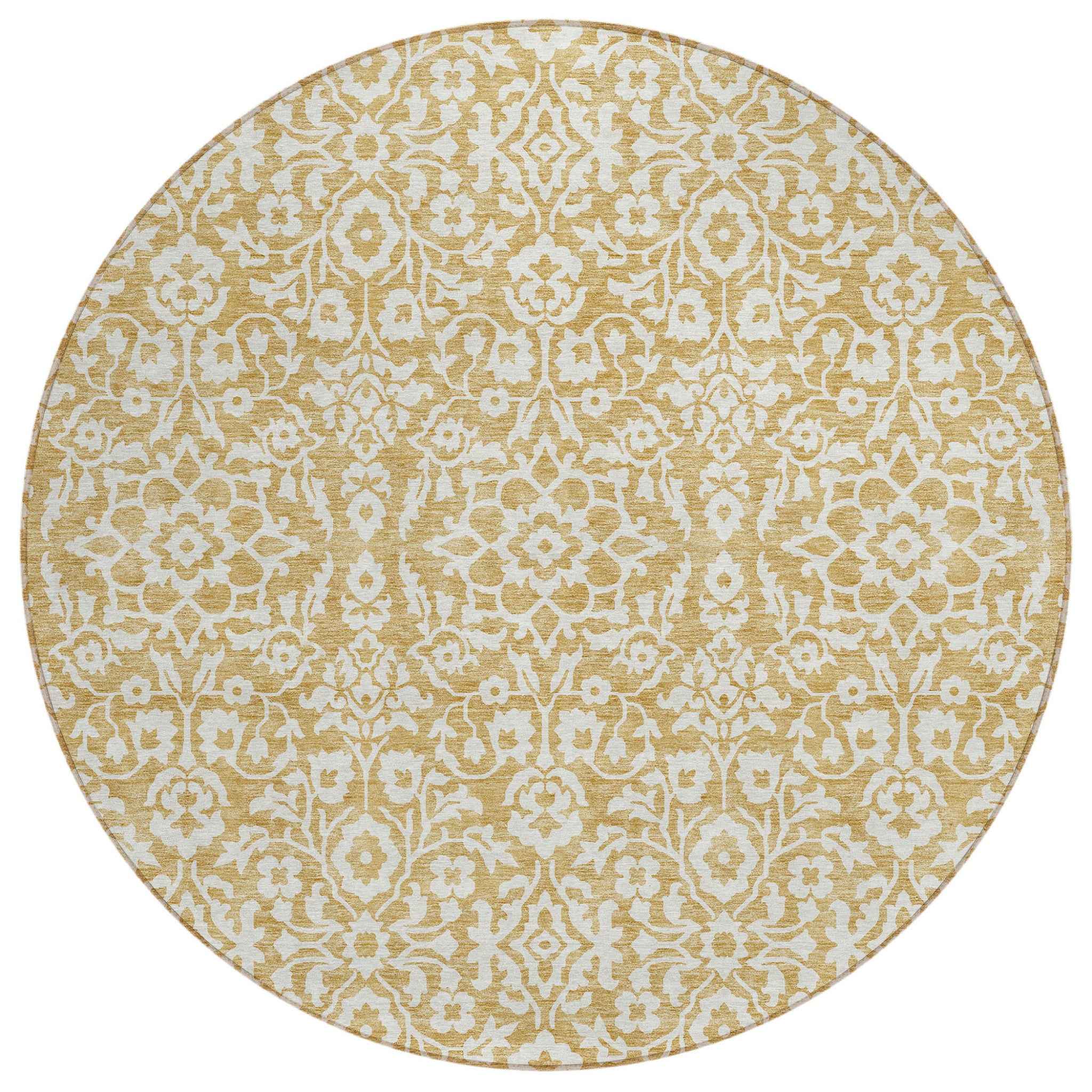 8' Gold And Beige Round Damask Washable Indoor Outdoor Area Rug