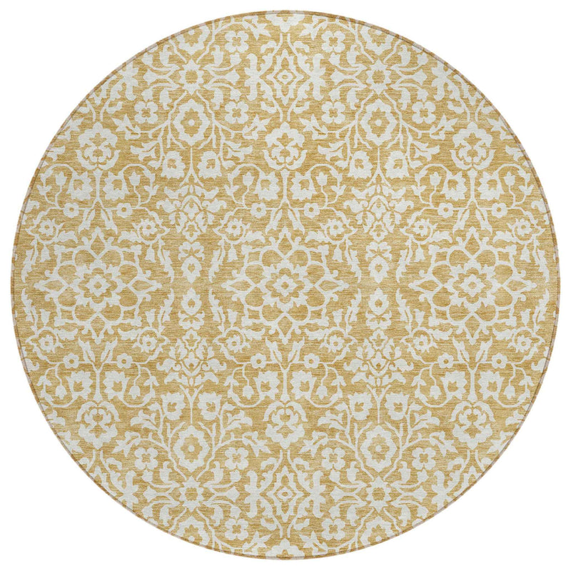 8' Gold And Beige Round Damask Washable Indoor Outdoor Area Rug