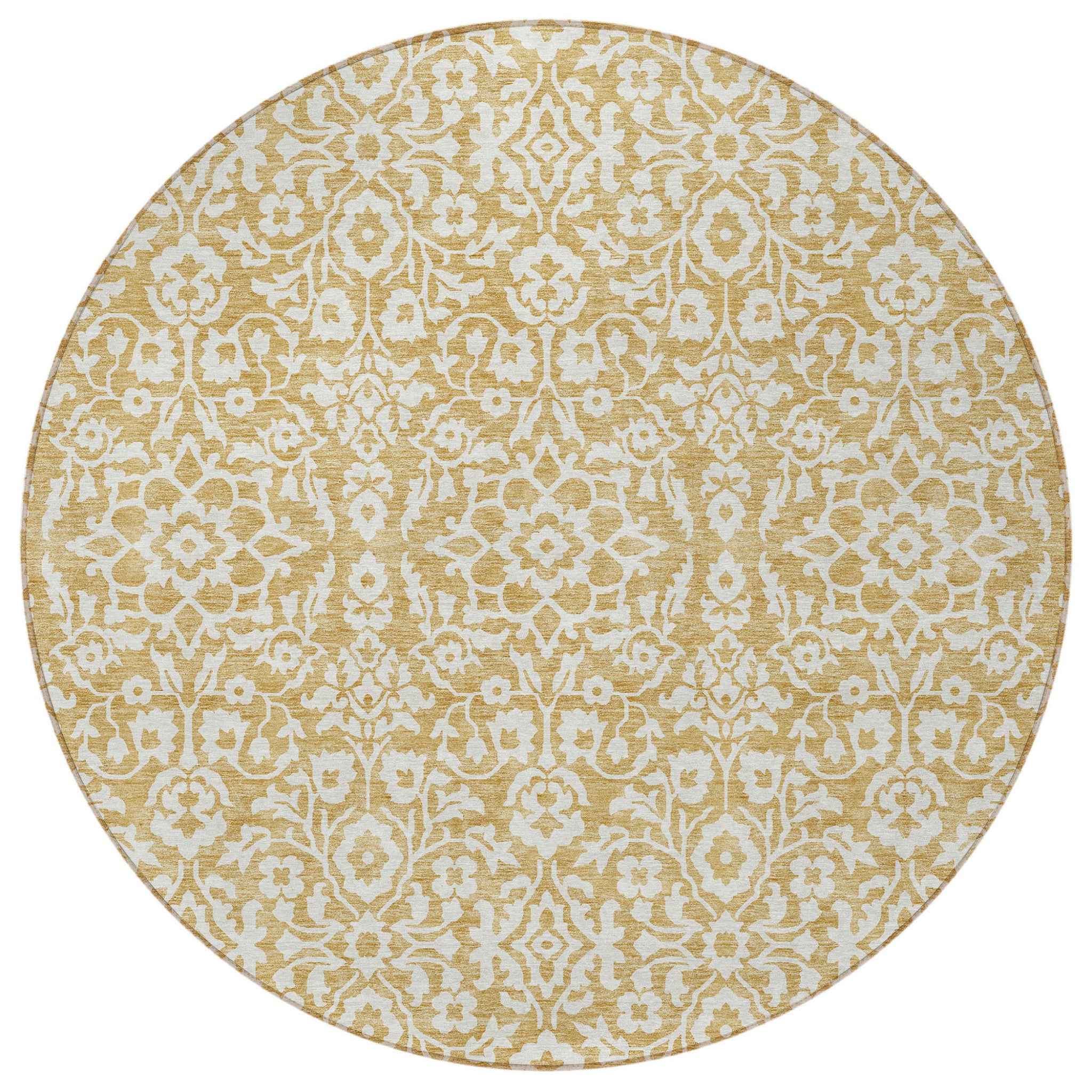 8' Gold And Beige Round Damask Washable Indoor Outdoor Area Rug