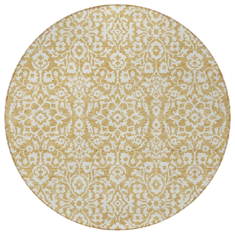 8' Gold And Beige Round Damask Washable Indoor Outdoor Area Rug