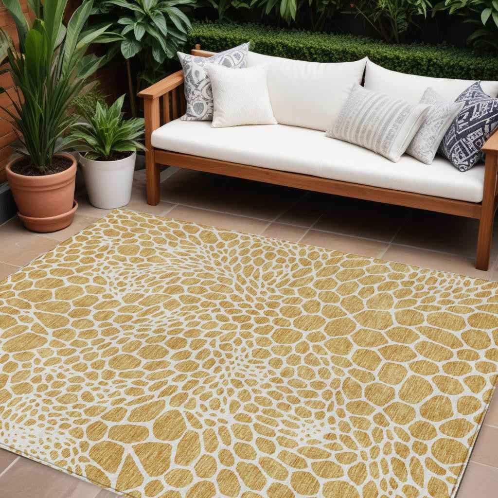 9' X 12' Gold And Ivory Geometric Washable Indoor Outdoor Area Rug
