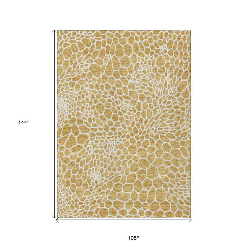 9' X 12' Gold And Ivory Geometric Washable Indoor Outdoor Area Rug