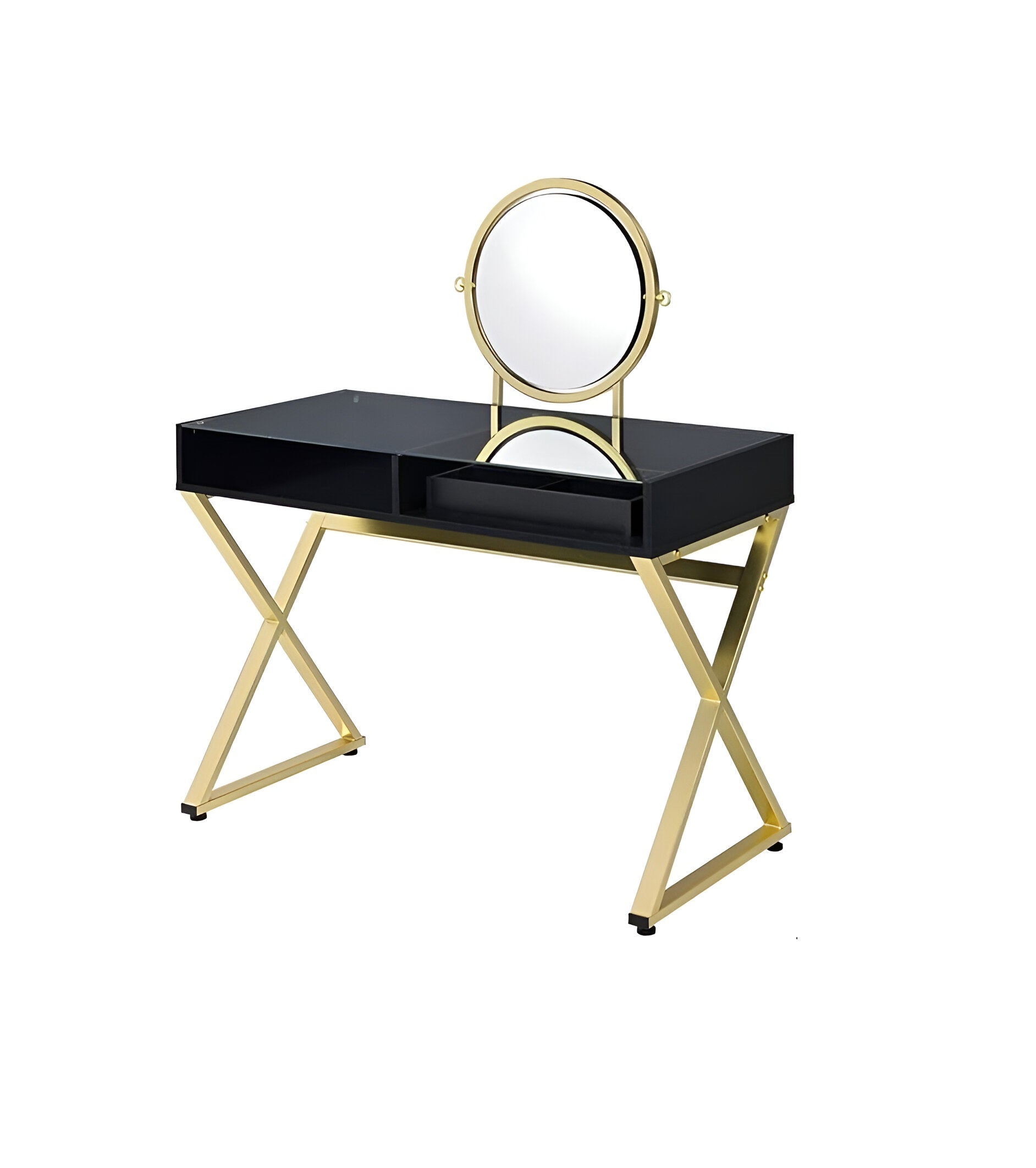 42" Black And Gold Glass and Wood Mirrored Vanity Table - Living Room