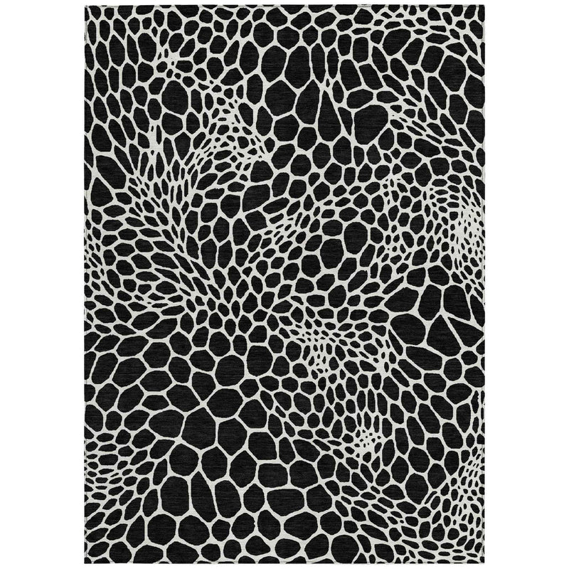 9' X 12' Black And Ivory Geometric Washable Indoor Outdoor Area Rug