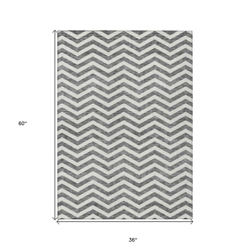 3' X 5' Gray And Ivory Chevron Washable Indoor Outdoor Area Rug