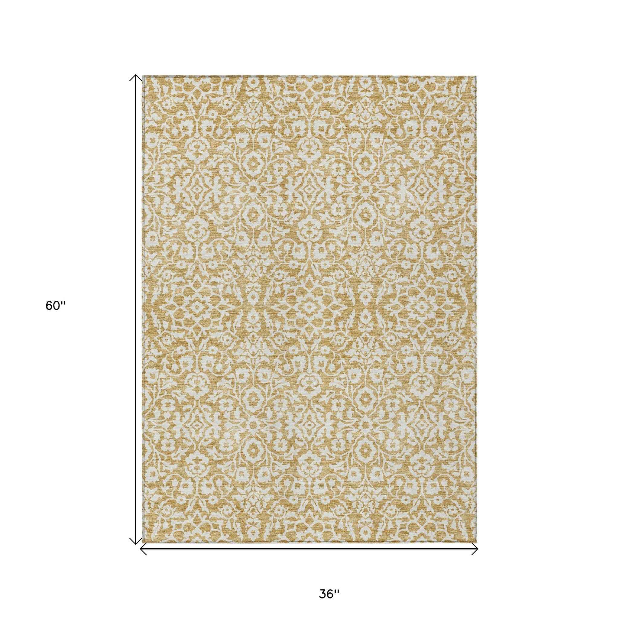 3' X 5' Gold And Beige Damask Washable Indoor Outdoor Area Rug