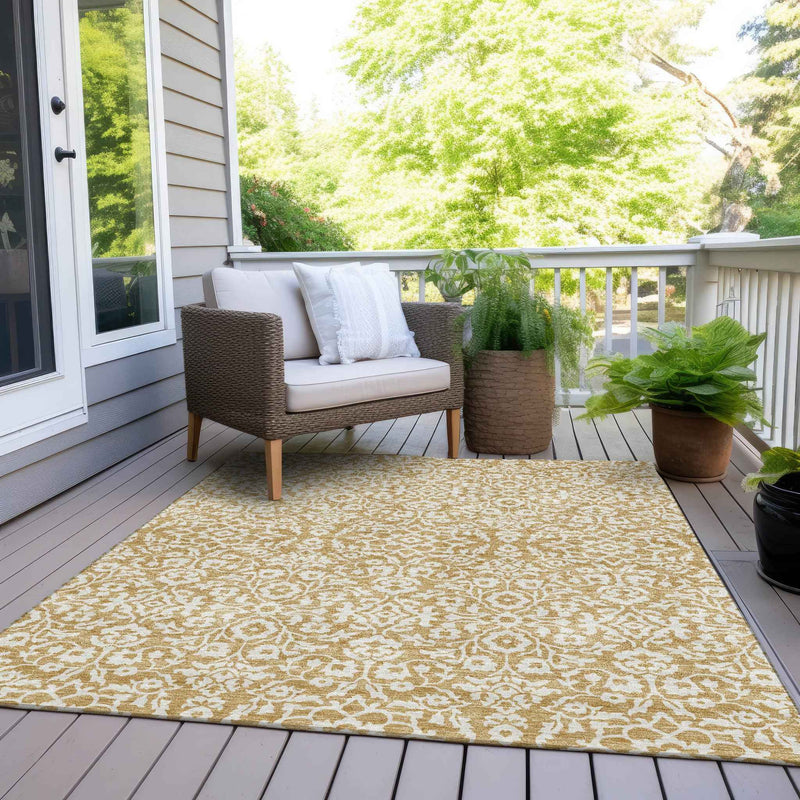 3' X 5' Gold And Beige Damask Washable Indoor Outdoor Area Rug