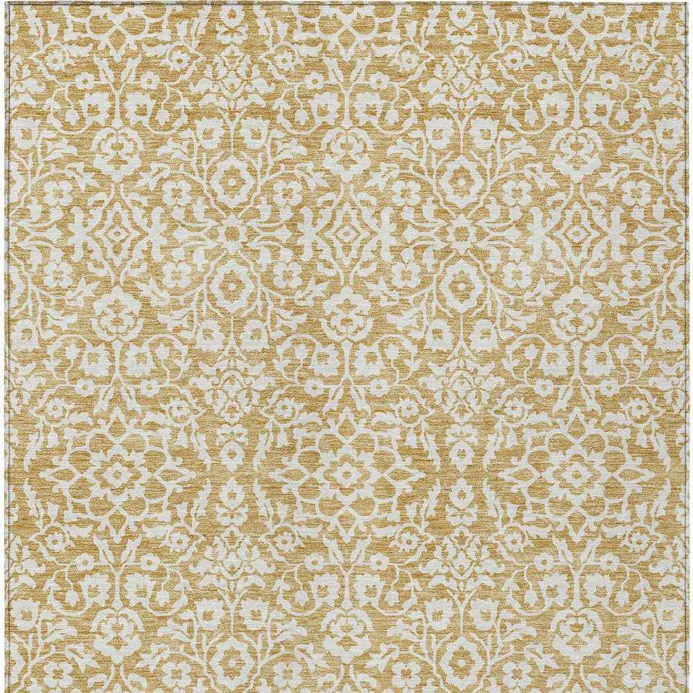 3' X 5' Gold And Beige Damask Washable Indoor Outdoor Area Rug
