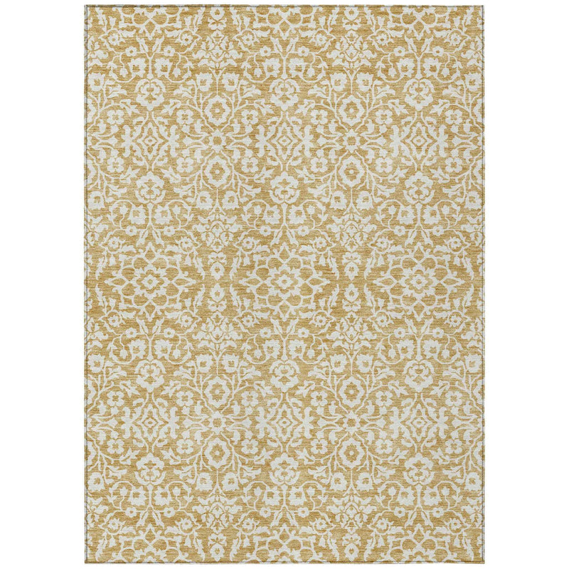 3' X 5' Gold And Beige Damask Washable Indoor Outdoor Area Rug