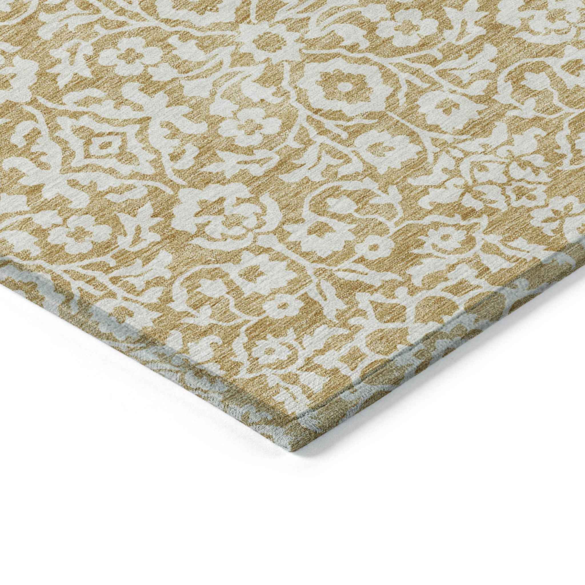 3' X 5' Gold And Beige Damask Washable Indoor Outdoor Area Rug