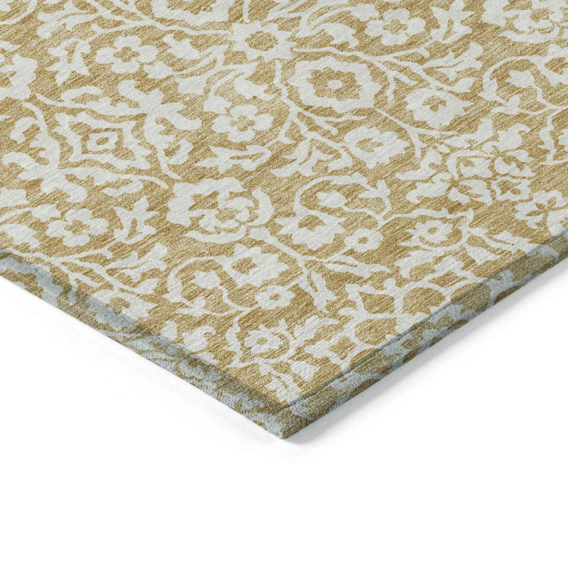 3' X 5' Gold And Beige Damask Washable Indoor Outdoor Area Rug