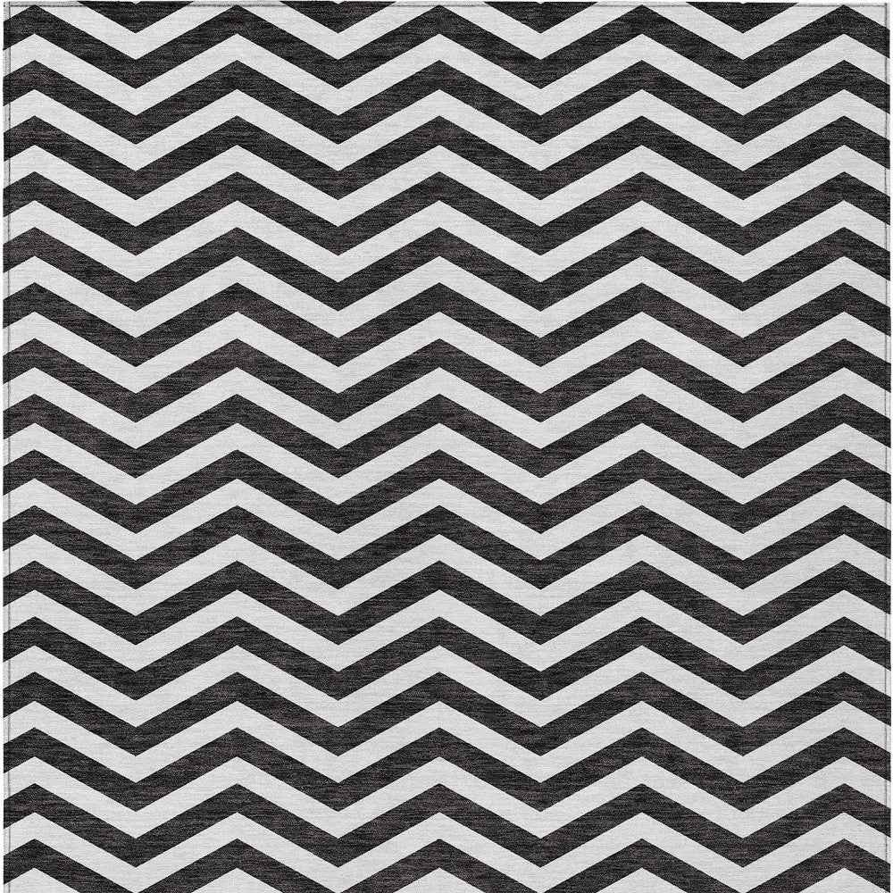 8' X 10' Black And Ivory Chevron Washable Indoor Outdoor Area Rug