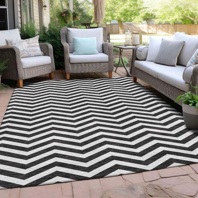 8' X 10' Black And Ivory Chevron Washable Indoor Outdoor Area Rug