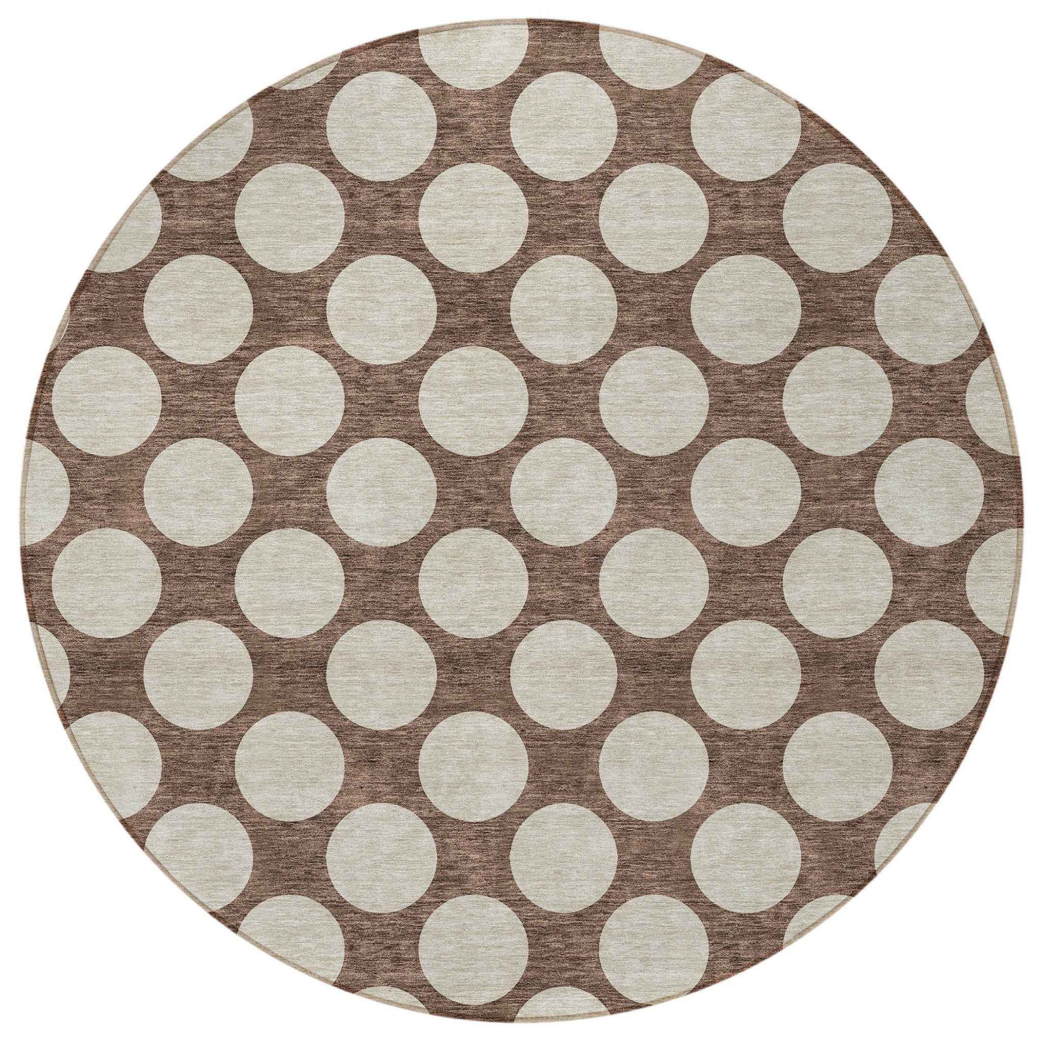 8' Brown And Beige Round Polka Dot Washable Indoor Outdoor Area Rug