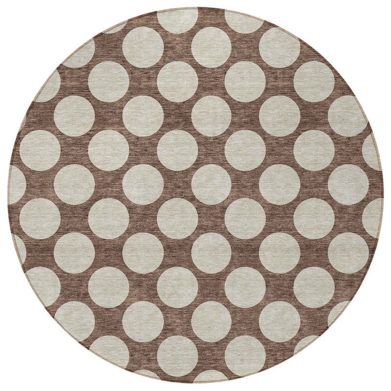 8' Brown And Beige Round Polka Dot Washable Indoor Outdoor Area Rug
