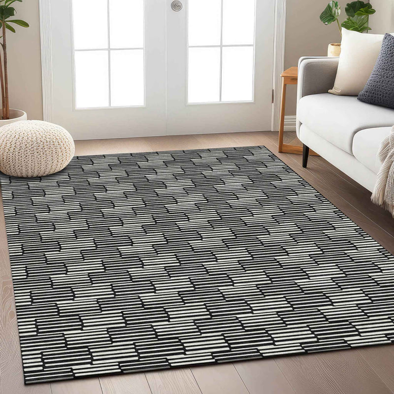 8' X 10' Black And Ivory Geometric Washable Indoor Outdoor Area Rug